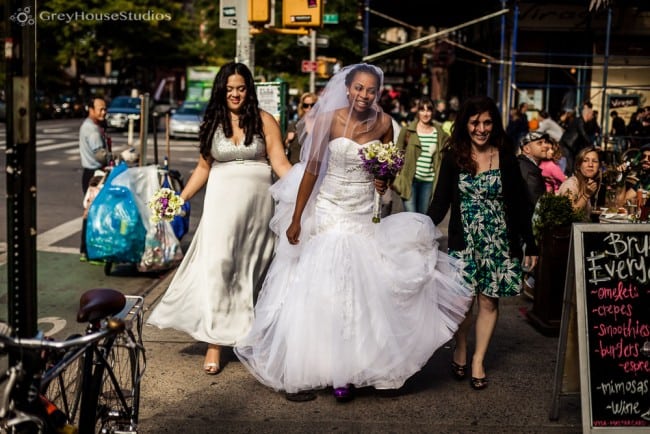 nyc wedding bride walking from middle collegiate church to reception at ukrainian east village